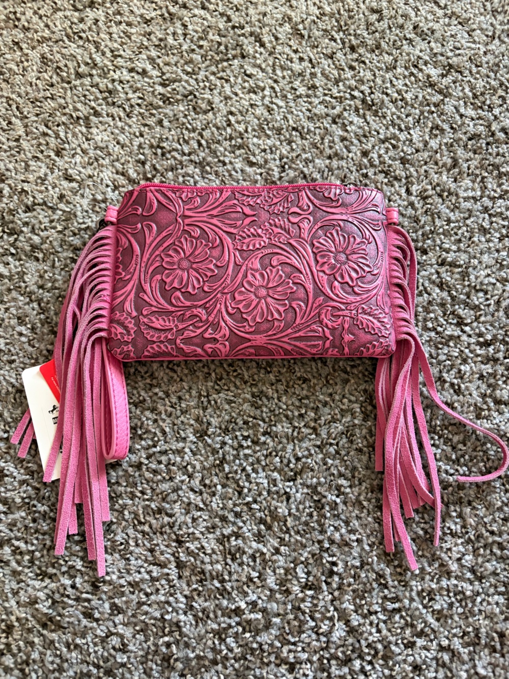 Montana West Pink Tooled Floral Fringe Crossbody Wallet
